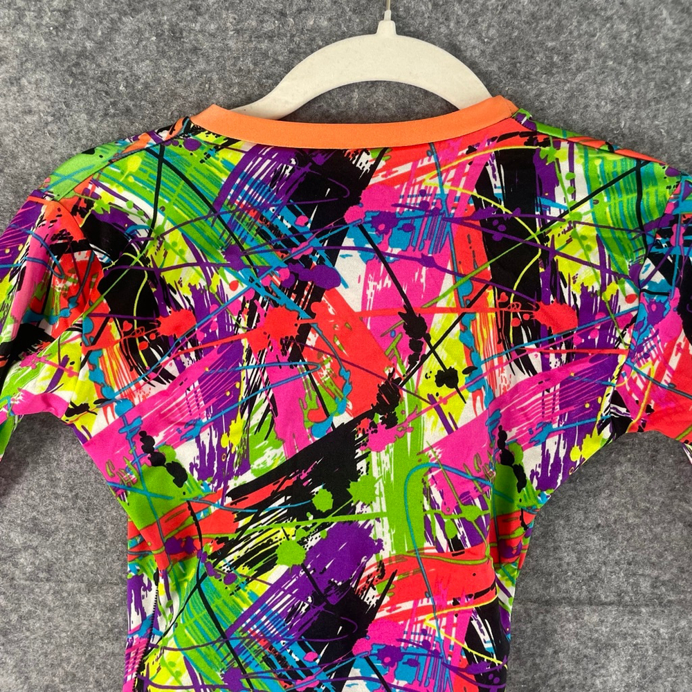 Unbranded Neon Splatter Bodysuit Womens S 80s Rave Festival Lace Up Plunge - Picture 6 of 7